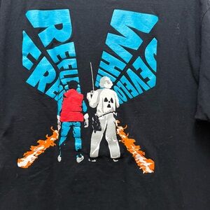 Black Graphic T-Shirt with Blue and Red Design